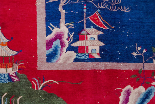 Red and royal blue handmade vintage Chinese area rug